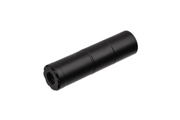 Black silencer for weapons. Suppressor that is at the end of an assault rifle.