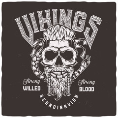 T-shirt or poster design with illustration of a Viking skull with beard
