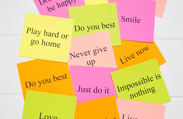 Motivational words on colorful stickers on white background. A vision Board. Cards with words. Affirmation, development, training, seminar. Plan, strategy, to-do list, concept. Creativity, project, ar