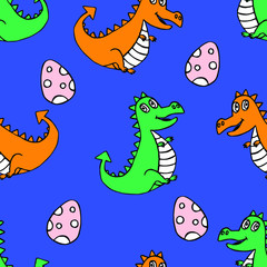 Childrens print, cartoon dinosaurs and an egg on blue background. Seamless pattern.