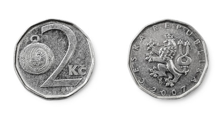 Coin of 2 czech koruna on white. Czech Crown Coins. 2 CZK.