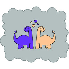 Vector illustration with dinosaurs in love and hearts in a gray frame