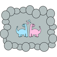 Vector illustration with love dinosaurs in gray frame.