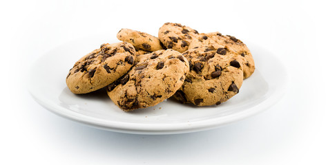 chocolate chip cookies on a plate isolated on white
