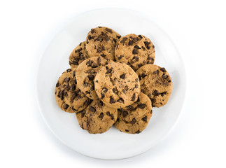 chocolate chip cookies on a plate isolated on white