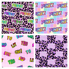 Set of colorful seamless patterns with modern slang words and phrases, text patches. Quirky cartoon comic style of 80-90s. Fun trendy backgrounds. Vector wallpapers.	