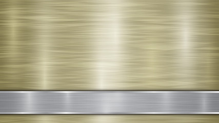 Background consisting of a golden shiny metallic surface and one horizontal polished silver plate located below, with a metal texture, glares and burnished edges