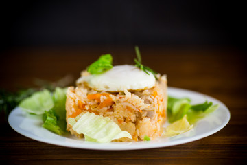 boiled rice with vegetables and fried egg with salad leaves in a plate