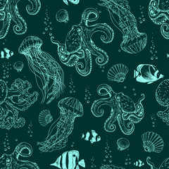 Seamless pattern with octopuses, jelly fishes and underwater creatures. © JeannaDraw