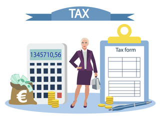 Objects and objects of accounting, tax report. Flat style. Cartoon raster