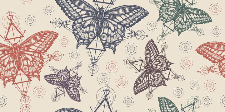 Butterflies. Seamless pattern. Packing old paper, scrapbooking style. Vintage background. Medieval manuscript, engraving art. Beautiful Swallowtail. Mystical symbol of freedom, nature, tourism