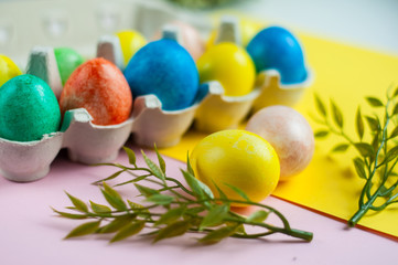 colorful Easter eggs on a pink and yellow background. Easter card with sprigs of greenery