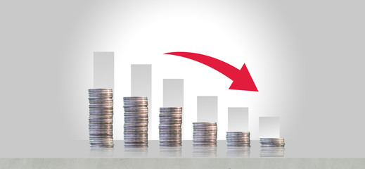 .Reduced liquidity and stock profits and investments, the recession, the financial crisis. The fall of the stock market, an arrow pointing down