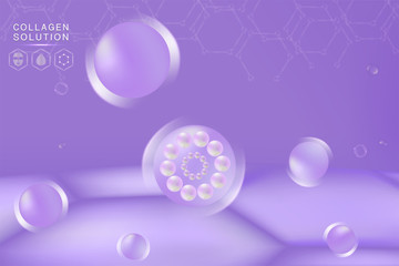 Hyaluronic acid skin solutions ad, purple collagen serum drop with cosmetic advertising background ready to use, illustration vector.	