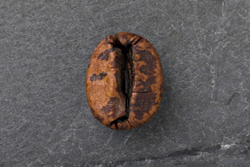 Single roasted arabica coffee bean on a slate background