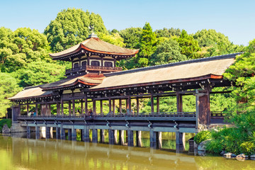 Fototapeta premium Nature tranquil background featuring detail of Japanese garden with water reflections in Kyoto, Japan