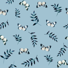 Seamless pattern leaves and butterflys. Hand draw dark branch and blue butterflys isolated on blue background. Lovely blue pattern for print on paper, textile, books, dishes, dress, wedding cards.