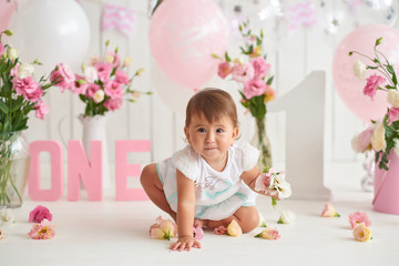 Obraz na płótnie Canvas Smash cake party. Little cheerful birthday girl with first cake. Happy infant baby celebrating his first birthday. Decoration and photo zone for first year. One year baby celebration. Pink decor.