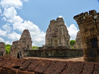 Ruins of Angkor, stone pyramid before blue sky, Ta Keo, Angkor Wat, Cambodia