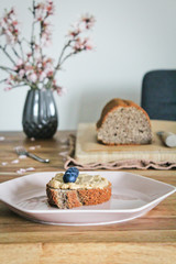 banana bread with peanut butter spread