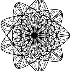 Children coloring, drawing mandala, flower. Leaves set of different plants and trees. Star shape or snowballs. Black and white snowflake.