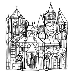 Abstract decorative line art illustration featuring fictional Gothic city with medieval churches, towers and stained glass windows. Hand drawn.