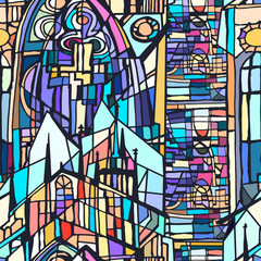 Naklejka na ściany i meble Abstract colorul illustration with stained glass sketches of fictional Gothic city. Hand drawn. 