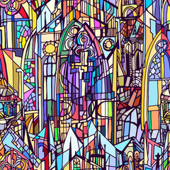 Abstract colorul illustration featuring fictional Gothic city architecture elements such as towers and stained glass windows. Hand drawn.