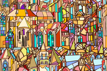 Abstract colorful illustration featuring fantasy Gothic city. Background with decorative Gothic roofs, windows and towers. Stained glass texture. Hand drawn.