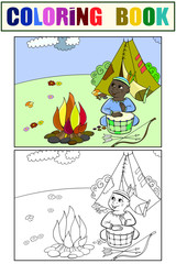Children drawing, coloring and color. Theater scene, boy plays the role of Indian near fire and wigwam. Cartoon raster