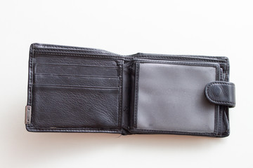 old leather empty wallet. Financial bankruptcy concept