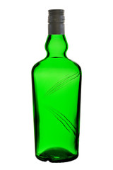 An empty bottle of dark green glass with a lid. Isolated on a white background