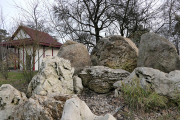 Japanese park with stones and trees in winter