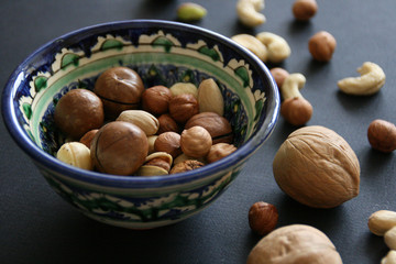 Nuts in bowl on white background, top view with copyspace.  Assorted mixed nuts  isolated on table.