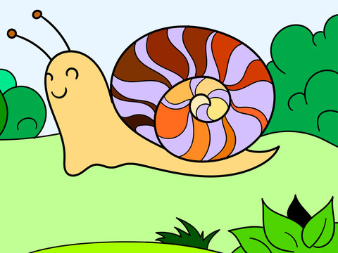 Children color, slug. Snail in the nature. Raster