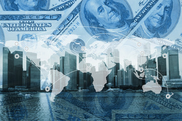Double exposure money on city and global business network connection concept. Element of this image furnished by NASA