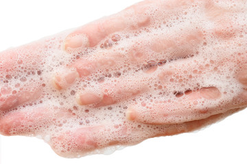 Antibacterial soap in the hands. Hand disinfection with soap. Cleanliness and hygiene in everyday life. Hand hygiene
