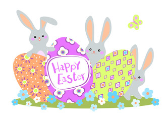Happy Easter greeting card with colorful eggs and bunny on white background.