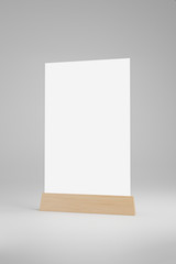 Menu frame standing on wood table isolated on white background with clipping path. space for text marketing promotion Bar restaurant ,Stand for booklets with white sheets of paper. 3d render