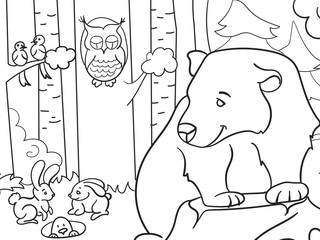 Coloring book picture, animals in the forest. Bear, rodents and birds. Raster