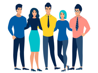 Fototapeta premium Five friends are hugging. In minimalist style. Cartoon flat raster