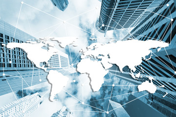 Double exposure digital networking technology on Money and financial city background. Concept of future business trend.  element of this images furnished by NASA.