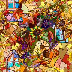 Abstract colorful Thanksgiving day illustration with pumpkins and leaves.  Hand drawn. 