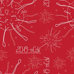 Seamless pattern Coronavirus isolated on dark red background. Line art in doodle. Global epidemic of 2019. Design of coronavirus quarantine, wrapping, textile, backdrop. Vector stock illustration.