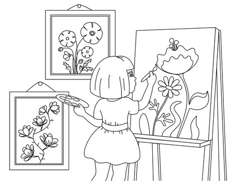Children coloring. A girl draws pictures, flowers. Black lines, white background. Cartoon raster