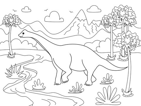 Diplodocus Animal. Children coloring. Black lines, white background. Cartoon raster