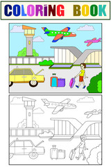 Set children coloring book and color picture. Airport passenger called a taxi.