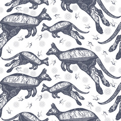 Kangaroo double exposure. Seamless pattern. Packing old paper, scrapbooking style. Vintage background. Medieval manuscript, engraving art. Symbol of Australia, travel and tourism