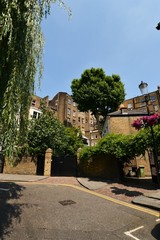 Fototapeta na wymiar Beautiful old London houses with trees and blue sky
