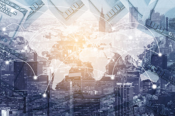Double exposure digital networking technology on Money and financial city background. Concept of future business trend.  element of this images furnished by NASA.